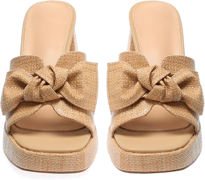 Monrovia Womens Sandals Heels for Women Slide On Block Chunky Platform High Heels Open Toe Raffia Wedge Sandals