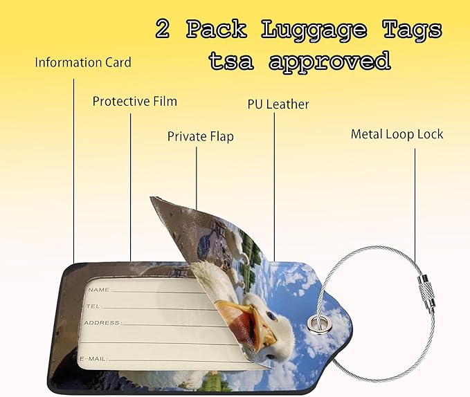 TSA Approved Luggage Tags for Suitcases Duck 2 Pack Funny Leather Carnival Cruise Airport Cute Travel Name Tags Golf Bag tag Ships Essentials Privacy Cover ID Label for Women Men
