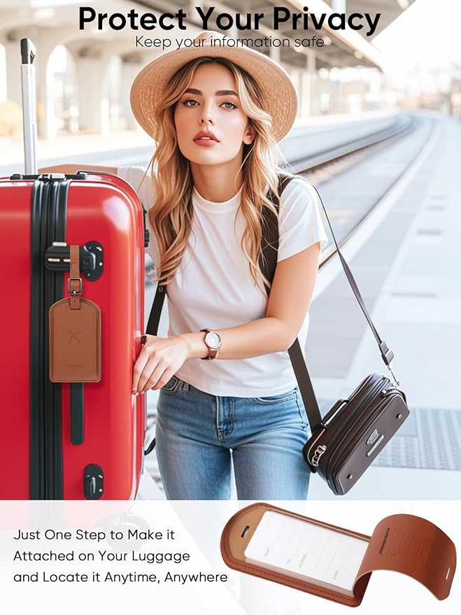 Luggage Tags Built-in Anti-Loss Tracker, Luxury Leather Luggage Tags for Suitcase, Travel Bags, Backpacks, Travel Organizer for Lost Baggage Prevention (Brown*4 Pack)