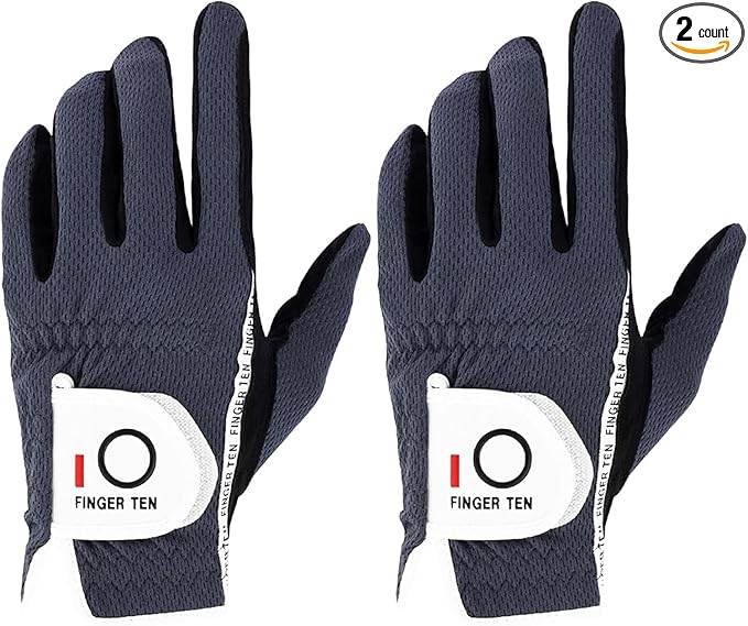 FINGER TEN Men's Golf Gloves for Right Left Handed Golfer Rain Grip Value 2 Pack, Golf Glove for Left or Right Hand Hot Wet Weather No Sweat Black Gray White Blue