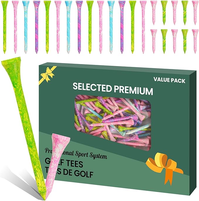 Golf Tees Styllish Bamboo Wooden Coloured Painted 50 Pack, 2 3/4 or 3 1/4 Inch Tee with 10 More Short 1 1/2 Inch Driving Range Tees, Enhanced Visibility Pink Green for Men Women