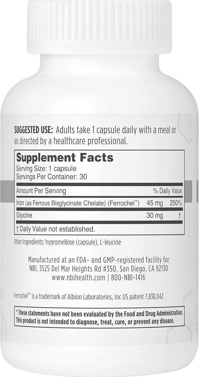 NBI FerroSolve, Best Absorption Iron Supplement 45 mg | High Potency | GI Safe | 30ct Veggie Capsules