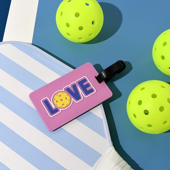 Bag Tag – Golf, Pickleball, Tennis Racquet Shape, Flexible & Waterproof Silicone Luggage Tag, Secure Strap for Bag Identification, Great Tennis Gift for Players & Enthusiasts (Pickleball Love)