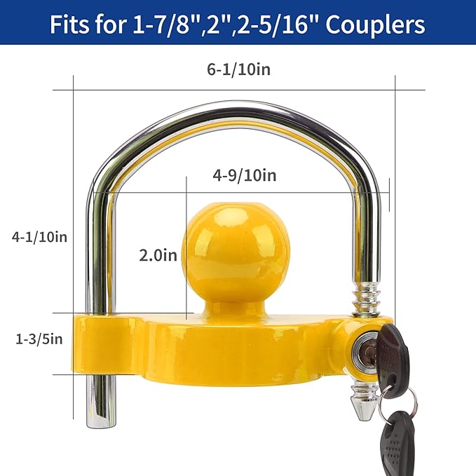 METOWARE Keyed Alike Trailer Coupler Lock Universal Adjustable Steel Trailer Hitch Lock, Anti Theft Trailer Ball Lock Towing Lock for Towing Trailer Security Fits 1-7/8",2”, 2-5/16" Coupler 2 Pack
