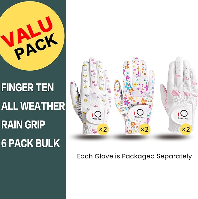 FINGER TEN Women’s Golf Gloves Ladies Left Hand Right Handed Golfer Value 6 Pack, All Weather Rain Grip Glove Pink Fit Small Medium Large XL