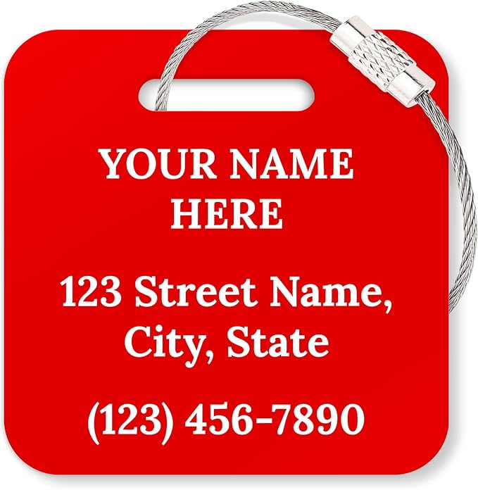 Custom Luggage Tags, Personalized Name Address for Suitcases,Backpack, Handbag, Travel Equipment Tag, 2x2 Inches, Acrylic Heavy Duty Waterproof, Made in The USA by My Sign Center- Red