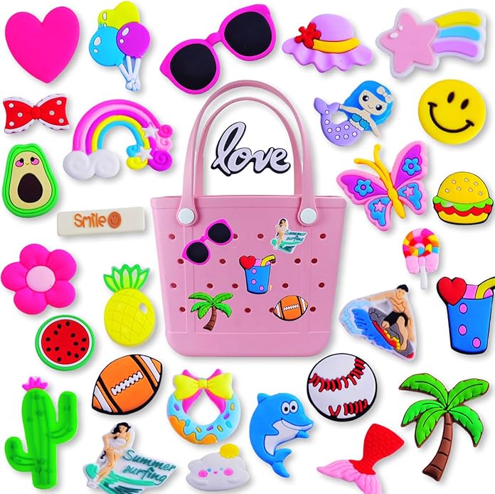 Charms for Bogg Bag Accessories Beach Baseball Charms 30pack Random Color Cute PVC Rubber Beach Bag Charm Decoration,Bag Charm for Handbags Tote bags Girls Women