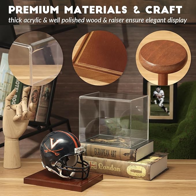JupDec Mini Helmet Display Case, Acrylic Clear 1/2 Football Helmet Showcase, UV Protection Souvenirs and Collectibles Box with Solid Wood Base & Riser, Ideal Gift for Sports Enthusiast, 2 Pack