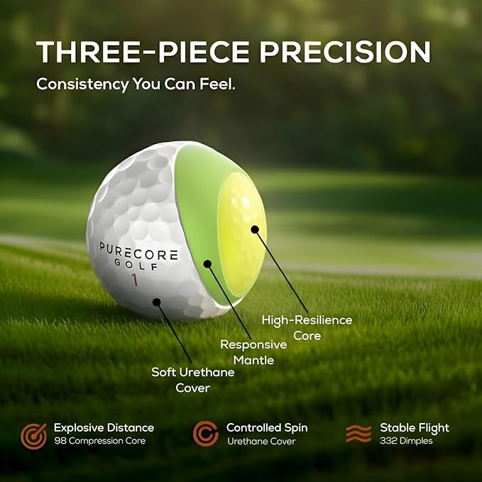 PURECORE Performance+ Distance Golf Balls – Premium 3-Piece Urethane | 98 Compression | Extra Soft Feel, Predictable Flight, Balanced Spin & Consistent Distance