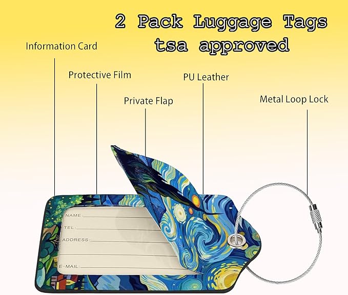 TSA Approved Luggage Tags for Suitcases Cartoon Van Gogh Starry Night 2 Pack Funny Leather Carnival Cruise Airport Cute Travel Name Tags Golf Bag tag Ships Privacy Cover ID Label for Women Men