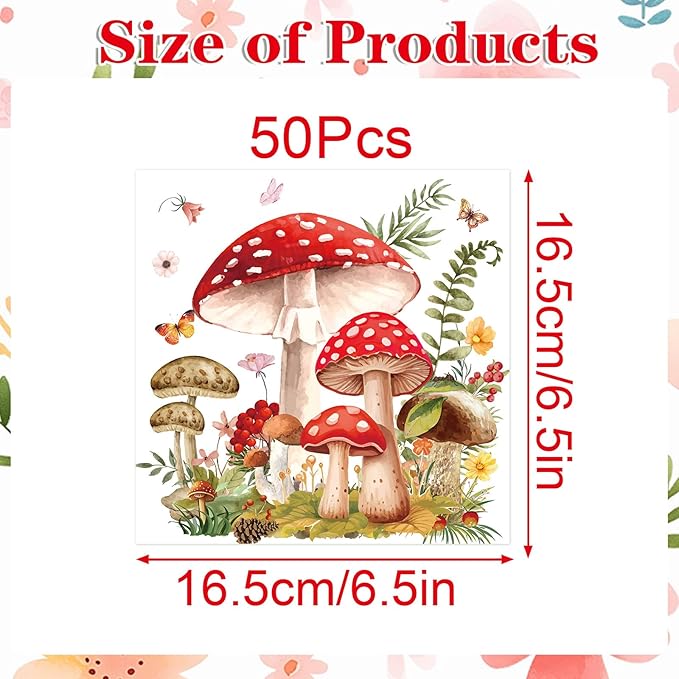 Mushroom Party Napkins Decorations, 50PCS Forest Mushroom Theme Decor, Fairy Tale Party Disposable Paper Napkins Set Supplies Size 6.5 Inch