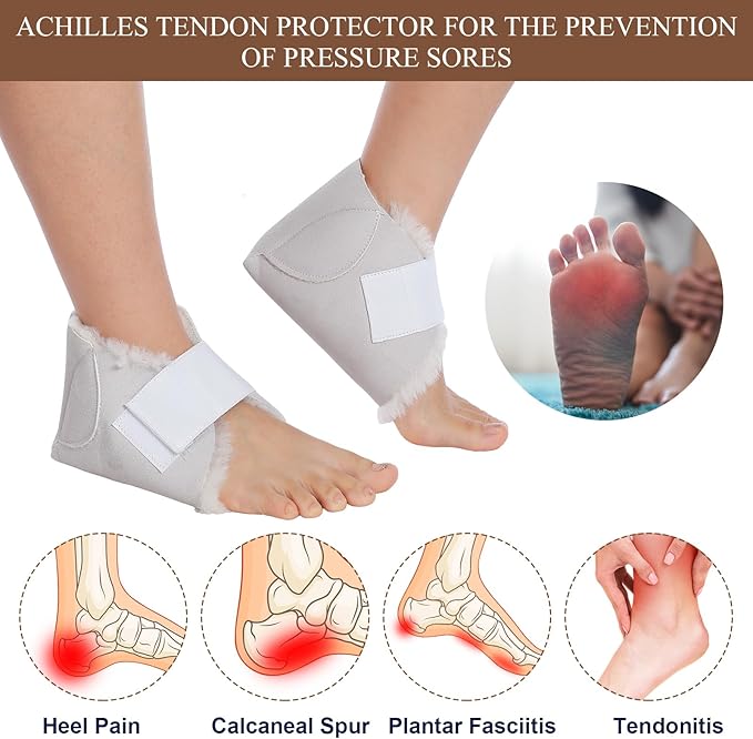 2 Pairs Heel Protector Boot Sheepskin Heel Protectors Soft Foot Cushions Pads with Securing Strap for Protect Feet Ankle Pressure Bed Sores(Beige, Brown)