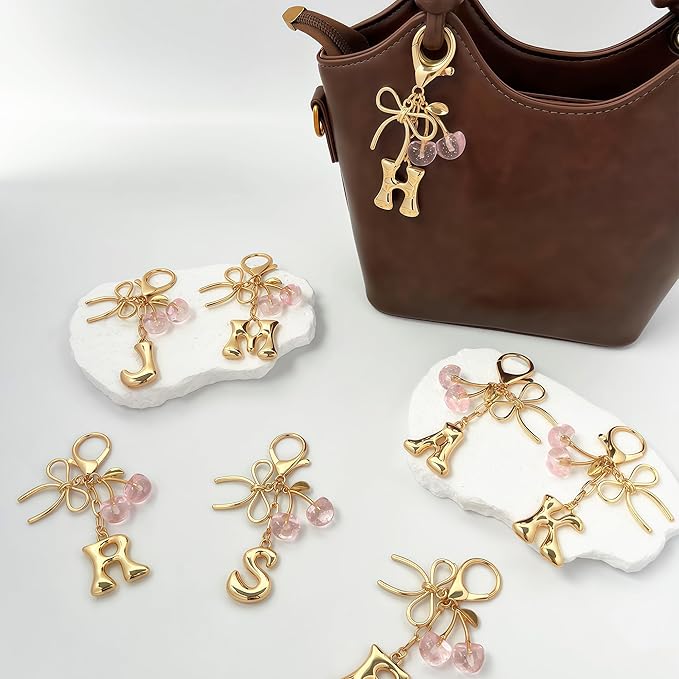 Gold Bubble Heart, Cherry, Bow & More Designs Letter Initial Keychain Bag Charms – Cute Purse Charms for Handbags