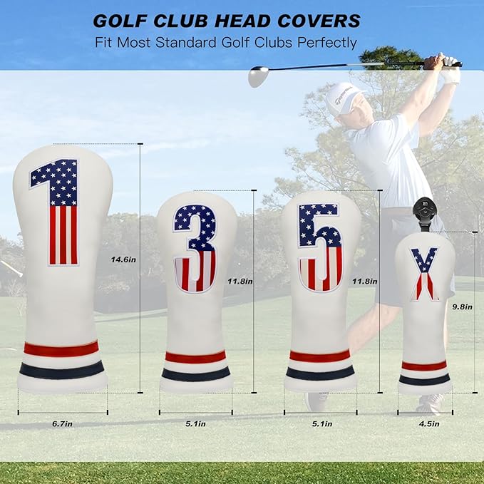 Golf Head Covers, 4pcs or 1pc USA Stars and Stripes Golf Club Covers for Woods and Driver Fairway Hybrid, PU Leather Golf Club Head Covers for Men Women with Interchangeable Tags, Fits Most Golf Clubs