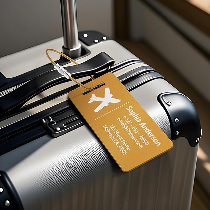 4 Pack Personalized Luggage Tags, Custom Engraved Aluminum Luggage Tags with Your Personalized Text, Waterproof Metal Name Tags with Steel Loop for Bags, Suitcase, Baggage, Backpack (Golden, Small)