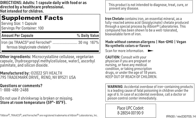 Klaire Labs SFI Health Iron Bisglycinate Chelate Supplement - 30mg Ferrous Bisglycinate Chelate - Designed to be Well-Tolerated, Well-Absorbed & Gentle on Stomach - Hypoallergenic (100 Capsules)
