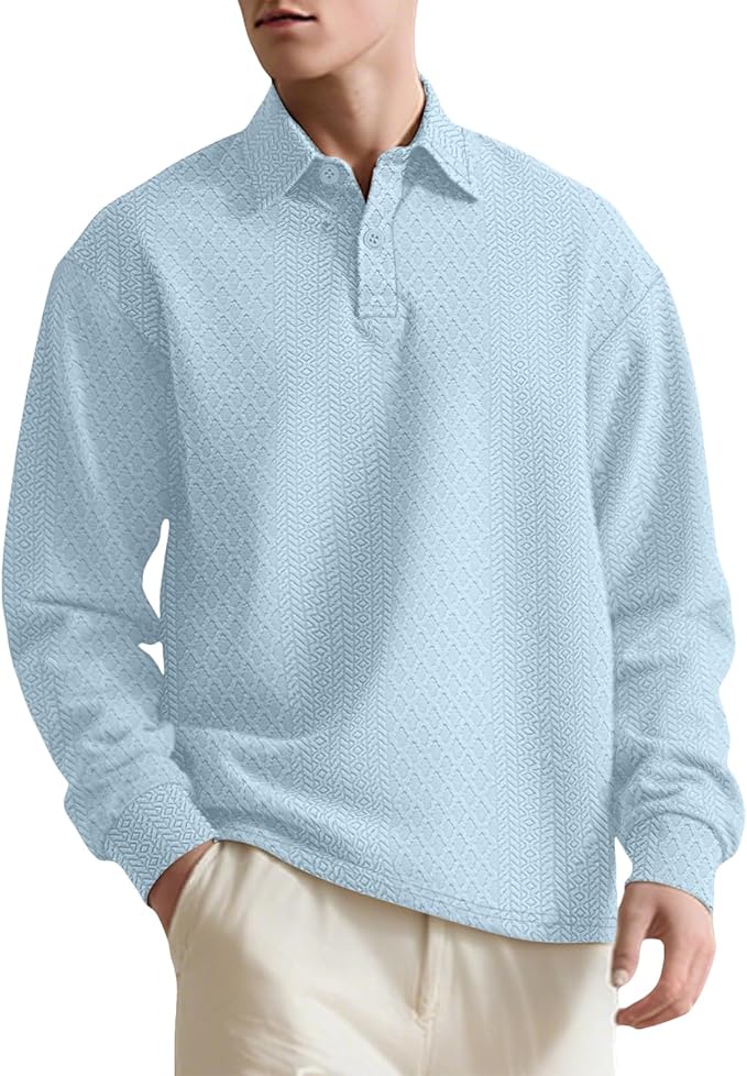 Stylish Polo Shirts for Men Textured Button Down Mock Neck Casual Tops Comfy Solid Color Long Sleeve Golf Pullover