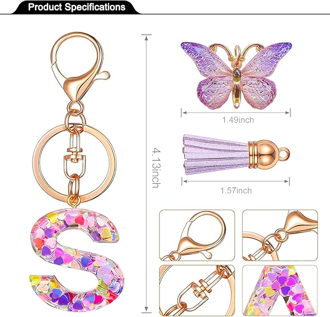 JINGUAZI Initial letter Keychains for Women Tassel Butterfly Pink Purple Cute Car Keychain for Wallet Backpack bag charm
