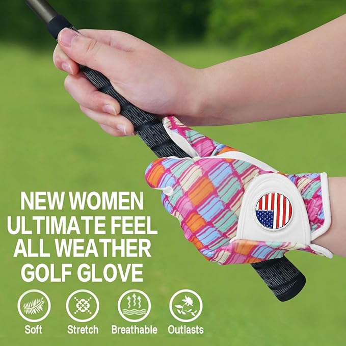 Amy Sport Womens Golf Glove with Ball Marker Rain Left Right Hand Leather Printed Pack, Ladies Golf Gloves All Weather Grip Breathable Soft Size Small Medium Large XL