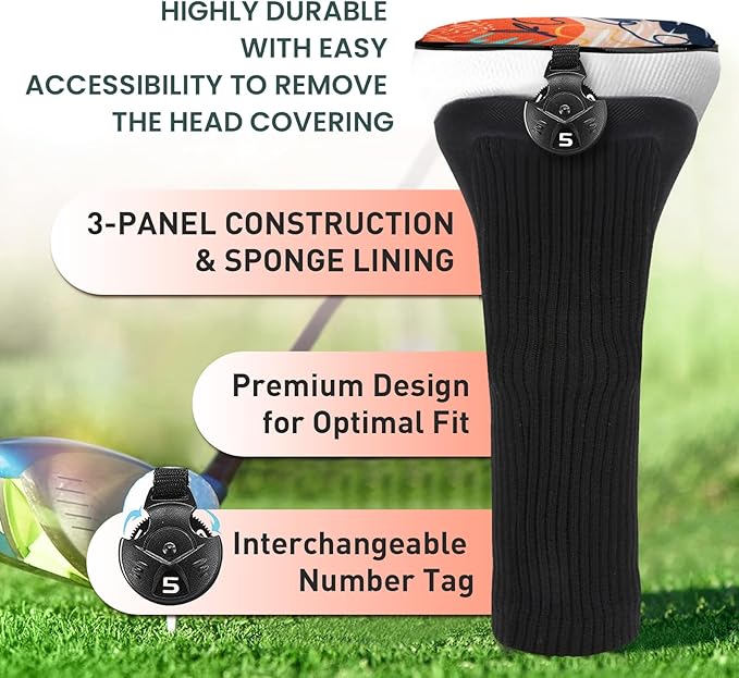 FINGER TEN Golf Club Head Covers Woods Hybrids 1/2/3/4 Pack, Headcovers Men Women 3 5 7 X with Interchangeable Number Tag, Fit All Wood Hybrid Clubs