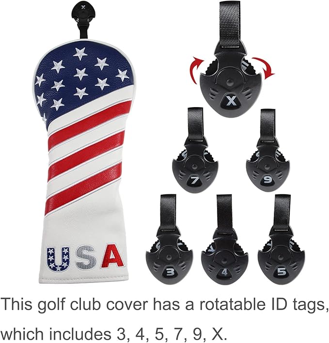 Golf Head Covers, for Fairway Woods Driver Hybrid 1 3 5 UT GLOOF Golf Club Head Covers USA Stars and Stripes with Interchangeable ID Tags Leather 3 Wood Driver Headcovers
