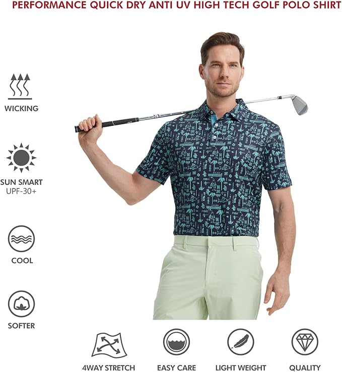 Golf Shirts for Men Dry Fit Short Sleeve Print Performance Moisture Wicking Polo Shirt