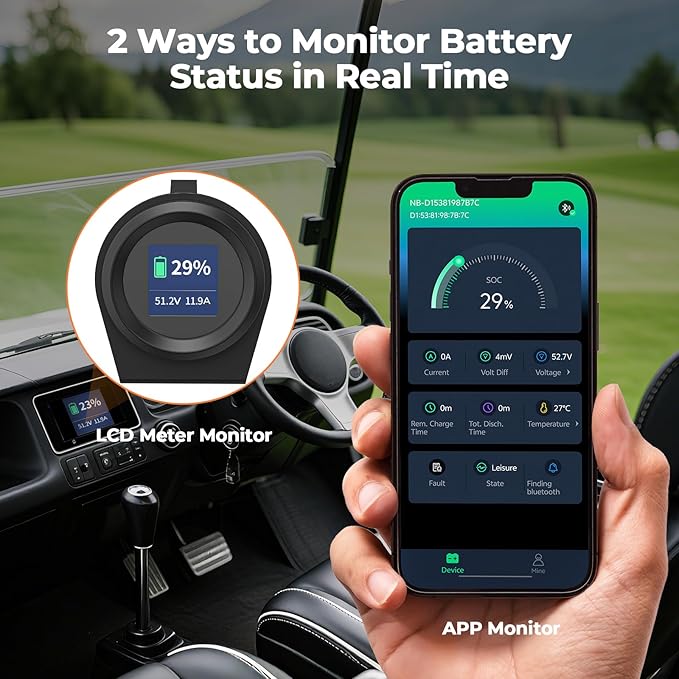 48V 100Ah Lithium Golf Cart Battery, 48V 100Ah LiFePO4 Battery, Built-in Max 300A BMS, with LCD Monitor & Mobile APP & 48V 15A Lithium Battery Charger, 4000+ Cycles, Perfect for Golf Carts