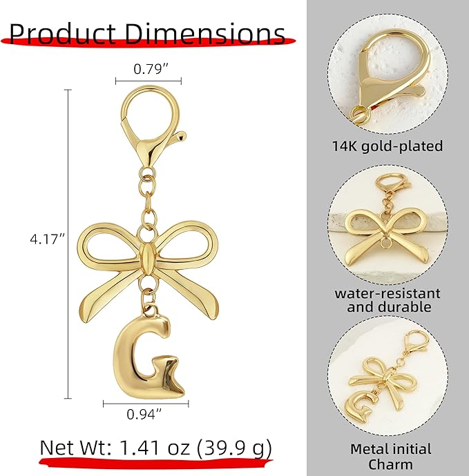 Gold Bubble Heart, Cherry, Bow & More Designs Letter Initial Keychain Bag Charms – Cute Purse Charms for Handbags