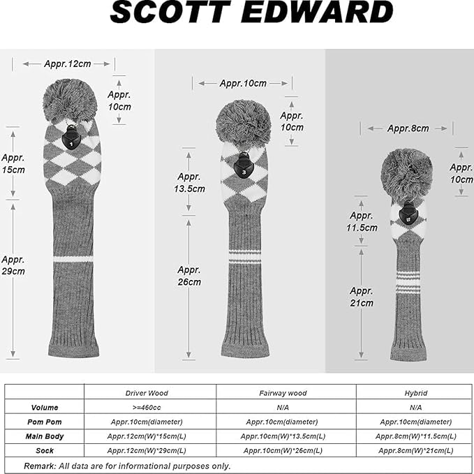 Scott Edward Knit Wood Golf Club Head Covers 4 Pieces Knitted Item Fit Over Well Driver Wood(460cc) Fairway Wood and Hybrid(UT)