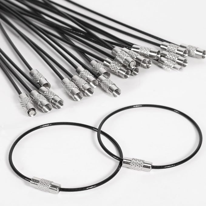 20pcs Stainless Steel Wire Keychains Aircraft Cable Cable Key Ring for Hanging ID Tags or Luggage Tags,6.3 inch 2mm Black