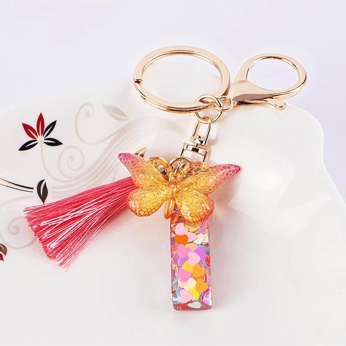 Suweibuke Colourful Cute Initial Letter Keychains for Women Girls with Tassel Butterfly, Charm for Purse Handbags Backpacks