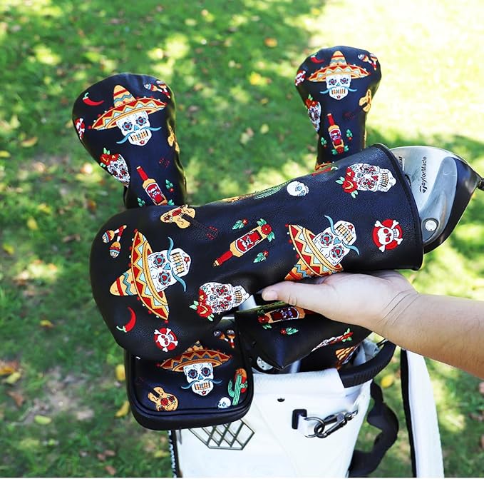 Golf Club Headcover for Drivers, Fairway Woods, Hybrids, and Mallet Blade Putter Sugar Skull Style Premium Leather Golf Headcovers Set with Interchangeable No. Tags