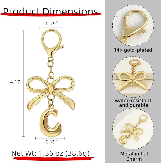 Gold Bubble Heart, Cherry, Bow & More Designs Letter Initial Keychain Bag Charms – Cute Purse Charms for Handbags
