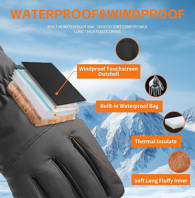 Waterproof Winter Gloves for Men Warm Ant-slip Touchscreen Ski Snow Cycling Running Cold Weather Long Fleece Lining