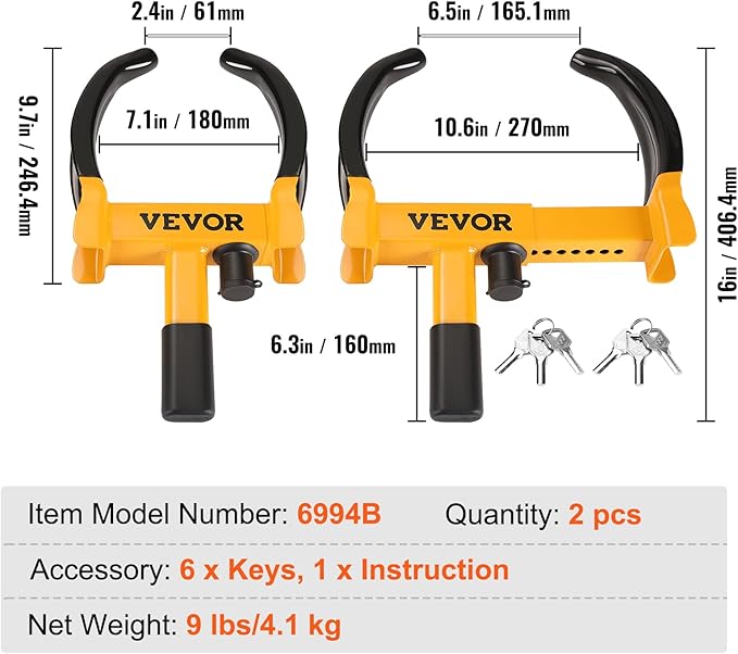 VEVOR Universal Wheel Clamp Lock, 2 Pack Adjustable Anti-Theft Tire Lock, Heavy-Duty Steel for ATV SUV Car Golf Cart Boats Motorcycles, with 6 Keys