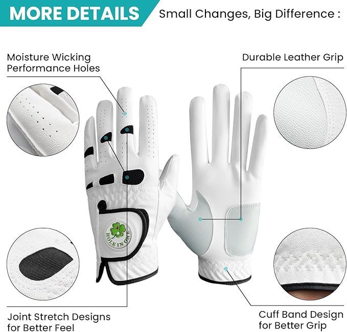 Golf Gloves Men Leather Value 1 Pair with 2 Ball Marker 10 Golf Plastic Tees, Men's Golf Gloves All Weather Grip Soft Comfortable Set for Left Right Handed Golfer
