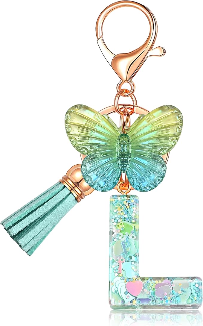 JINGUAZI Initial letter Keychains for Women Tassel Butterfly Pink Purple Cute Car Keychain for Wallet Backpack bag charm