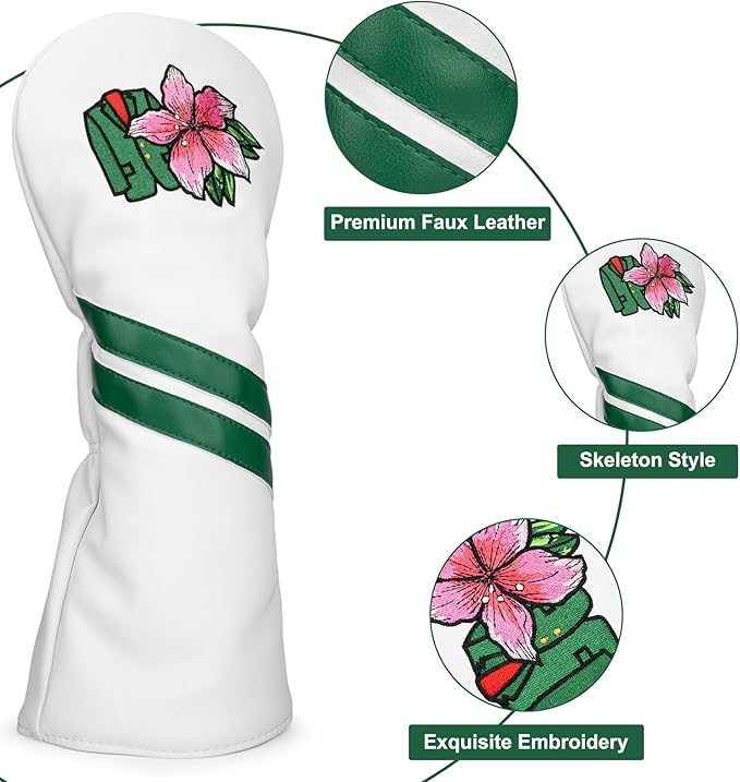 Premium PU Leather Driver Cover, Fairway Wood & Hybrid Covers for Men - Hibiscus Flower Embroidered Golf Head Covers for Woods and Driver -1pc or Set White Golf Club Covers