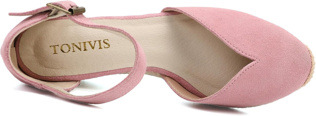 Platform Wedges Sandals for Women, 3" Wedge, Ankle-Strap, Cap Toe, Summer Espadrilles Heel Shoes