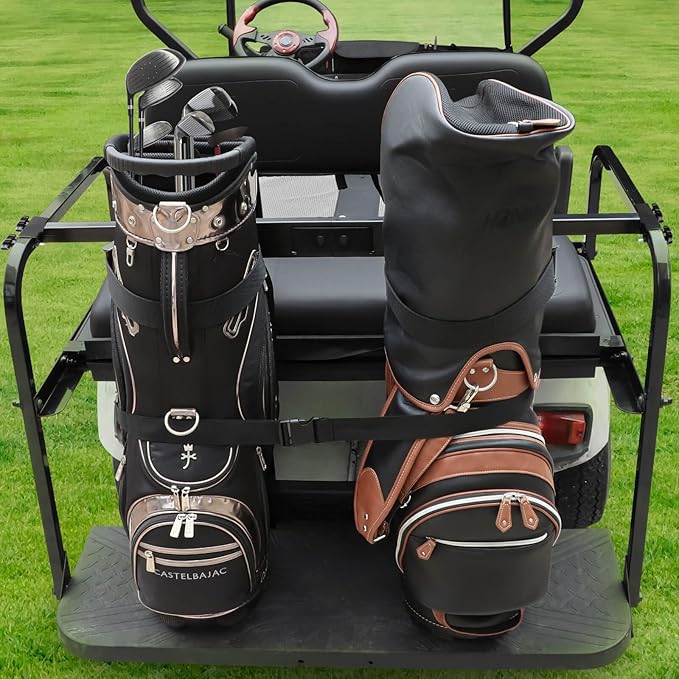 No Drilling Golf Cart Bag Holder Bracket for 2+2 Golf Cart Rear Seat with 1 Inch Square Tube, Universal Golf Bag Attachment Adjustable for EZGO Club Car Yamaha Golf Carts