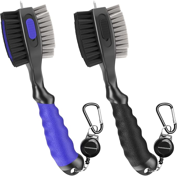 THIODOON 2 Pack Golf Club Brushes and Groove Cleaner 2 ft Retractable Zipline Carabiner Golf Brush Head with Retractable Spike Comfortable Grip Golf Club Cleaner