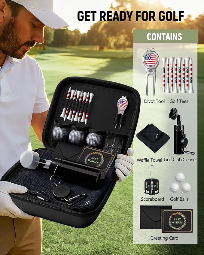 Coralogo Golf Gift for Men and Women - Golfing Accessories Kit Golf Gift Set for Birthday Valentines Day with Handy Case, Balls, Tees, Divot Tool, Score Counter, Club Cleaner, Towel, Card for Golfer