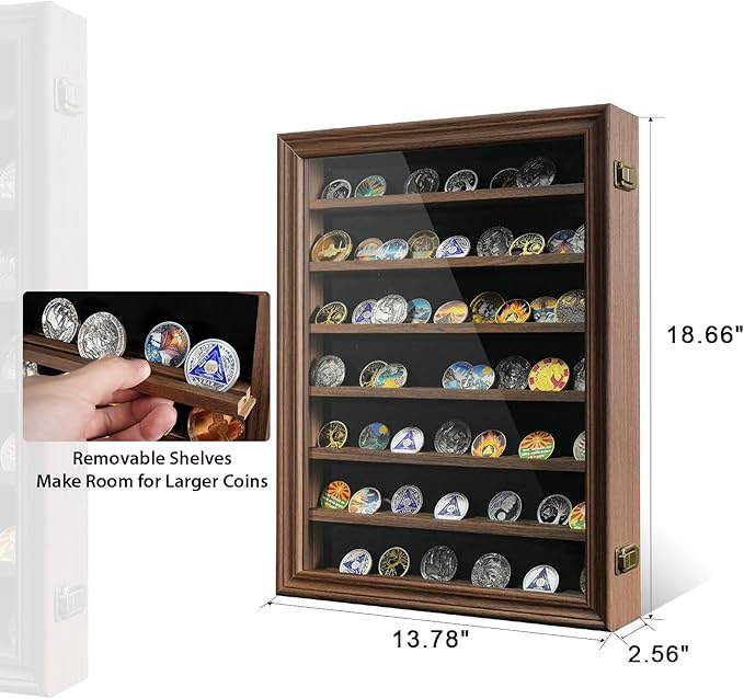 7 Rows Challenge Coin Display Case with HD Tempered Glass - Wall Mountable, Holds 100 Coins, Medal Display Cabinet Military Shadow Box with Removable 2-Groove Shelves, Poker Chips Holder, Rust Brown