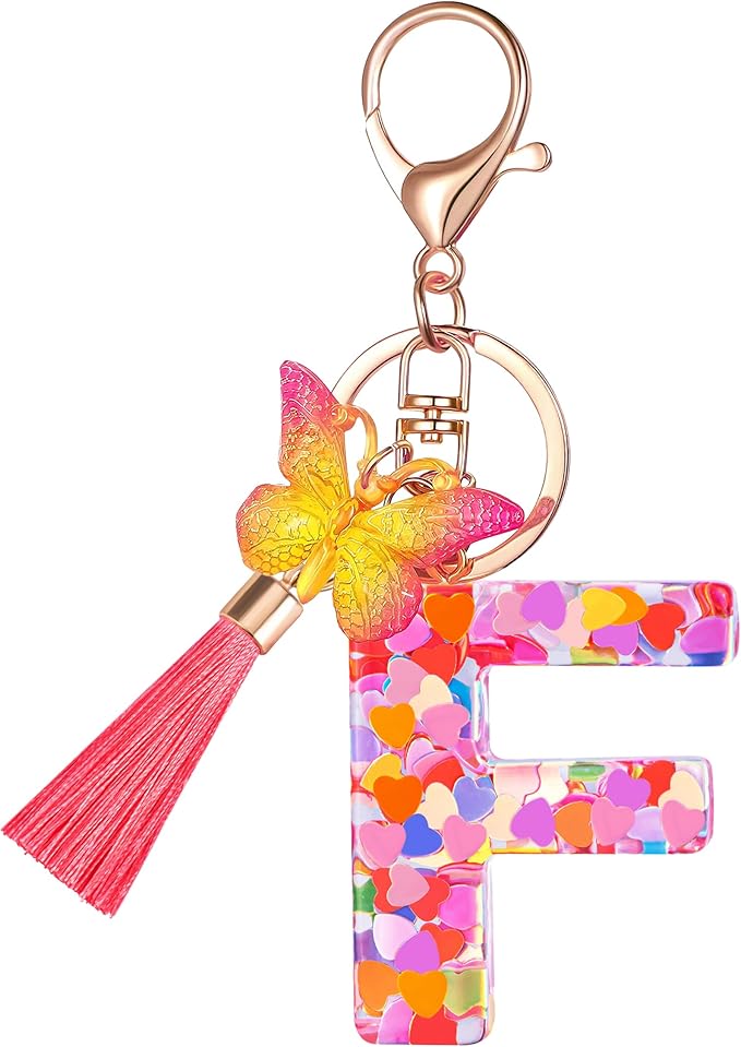 Suweibuke Colourful Cute Initial Letter Keychains for Women Girls with Tassel Butterfly, Charm for Purse Handbags Backpacks