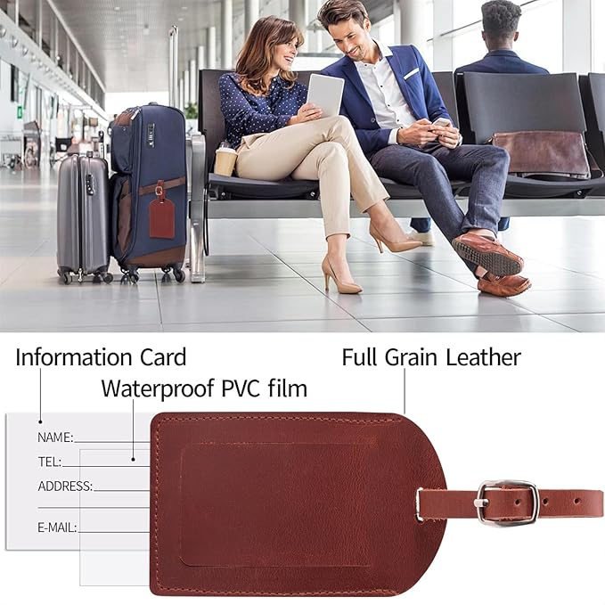 Ringsun Genuine Leather Luggage Tag for Suitcases ID Tags Bag Tags for Luggage (4 Pack, Red)