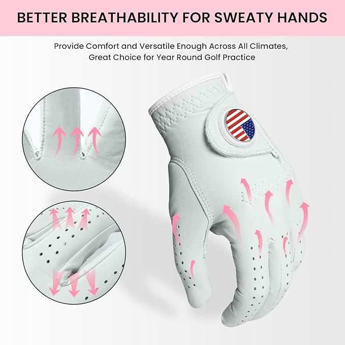 FINGER TEN Golf Gloves Women All Premium Cabretta Leather 1 Pack, Soft Comfortable & Breathable Grip Glove with Ball Marker Left Hand for Right Handed Golfer
