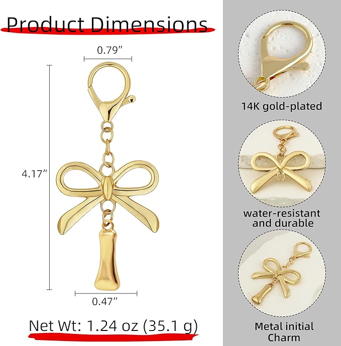 Gold Bubble Heart, Cherry, Bow & More Designs Letter Initial Keychain Bag Charms – Cute Purse Charms for Handbags