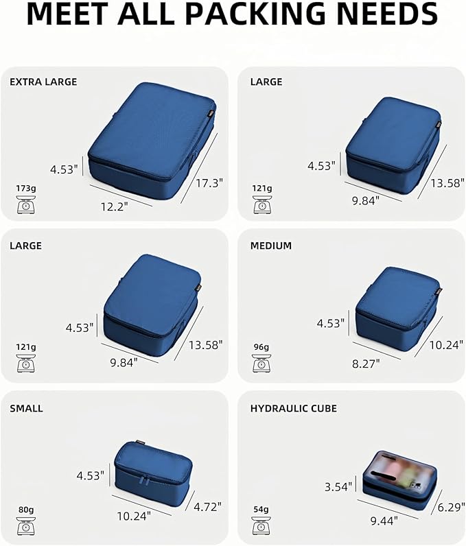 6 Set Compression Packing Cubes for Travel, Large Medium Small Luggage Organizers, Storage Bags for Clothes and Essentials (6 Pack, Dark Blue)