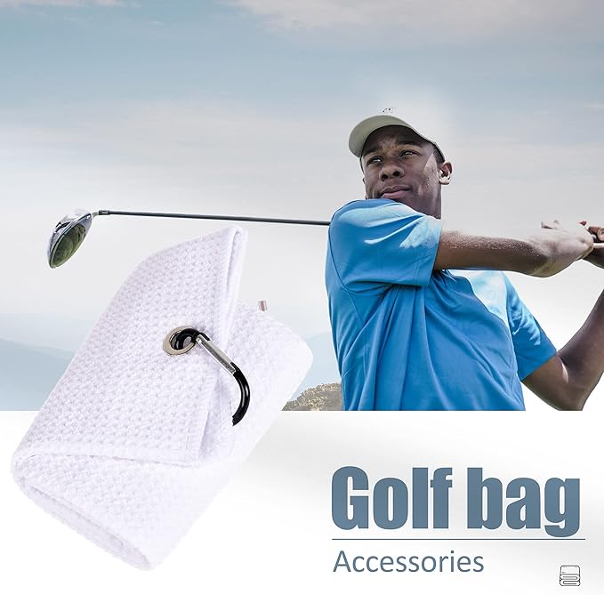 Mile High Life 2 Pack White Microfiber Tri-Fold Golf Towels with Carabiner Clip, Water Absorbent, Size 16"x21"