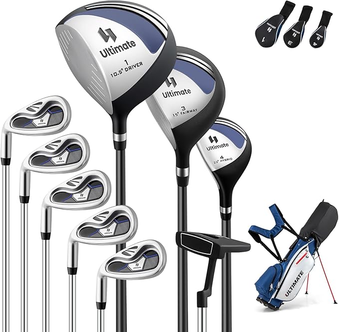 ULTIMATE Left Handed Golf Clubs for Men, 10pcs Men's Complete Golf Club Set Includes 460cc #1 Driver, #3 Fairway Wood, #4 Hybrid, #6/#7/#8/#9/#P Irons, Putter